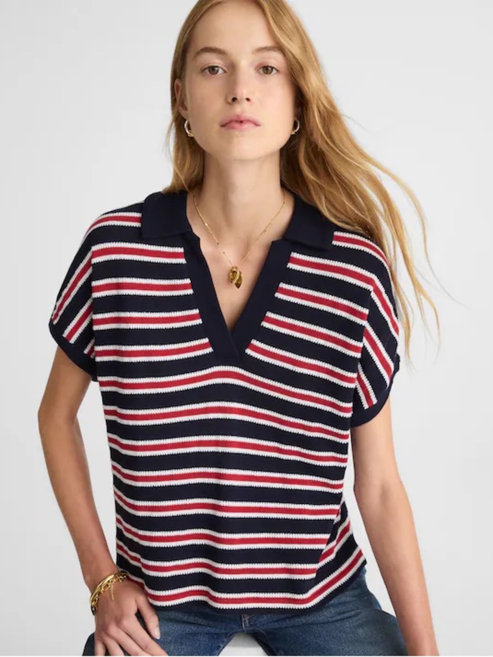 Madewell Relaxed V-Neck Polo short sleeve Shirt in blue red Stripe Size XS NWT